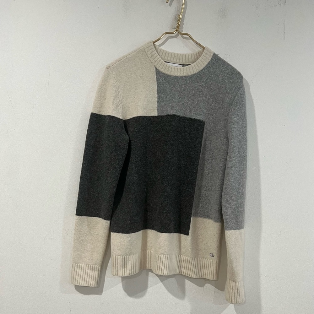 Calvin Klein women s classic asymmetrical check sweater gray black beige size S